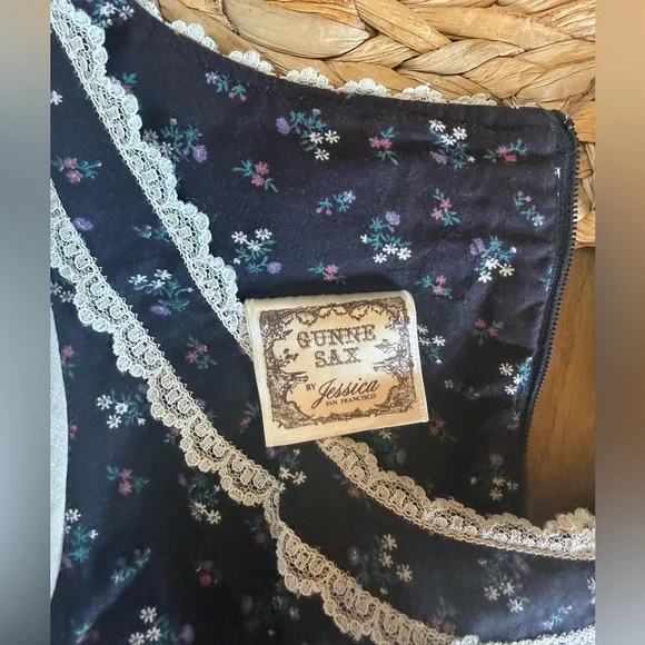 Gunne Sax Navy Floral Maxi Dress with Cream Lace Trim - Picture 3 of 6